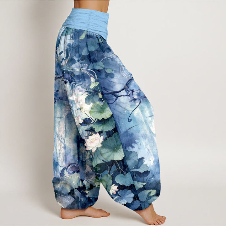 Pantalones Buddha Stones de algodón puro con estampado de hojas y flores de loto para mujer, con cintura elástica, estilo acuarela - image 2