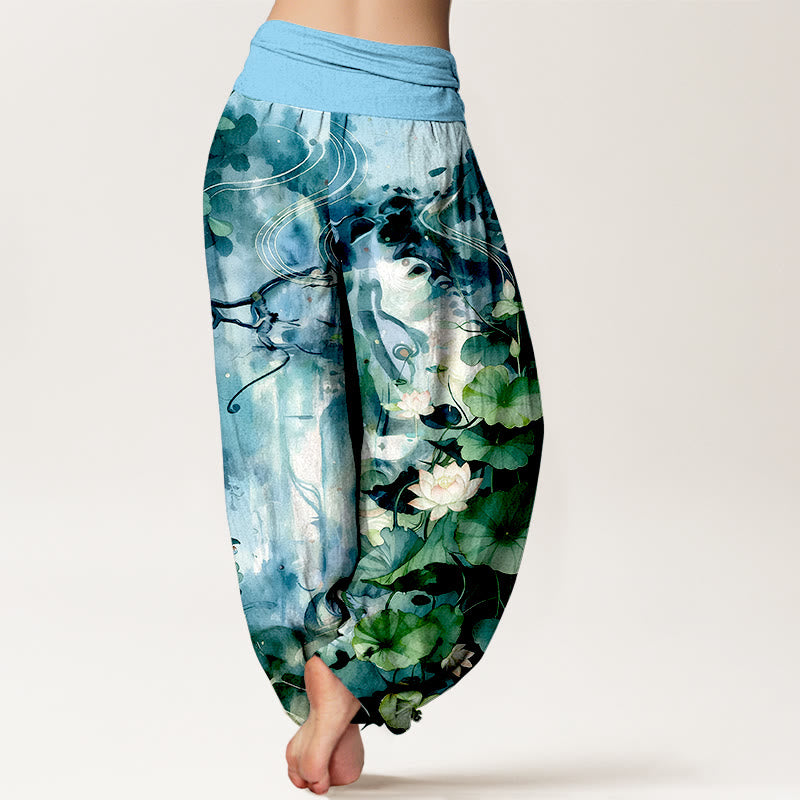 Pantalones Buddha Stones de algodón puro con estampado de hojas y flores de loto para mujer, con cintura elástica, estilo acuarela - image 6