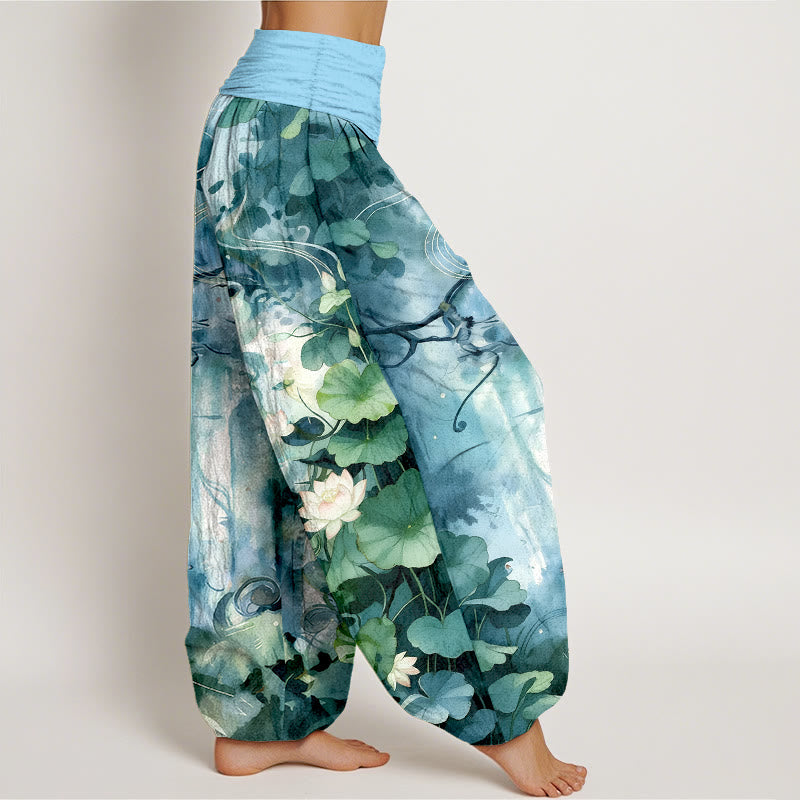Pantalones Buddha Stones de algodón puro con estampado de hojas y flores de loto para mujer, con cintura elástica, estilo acuarela - image 7