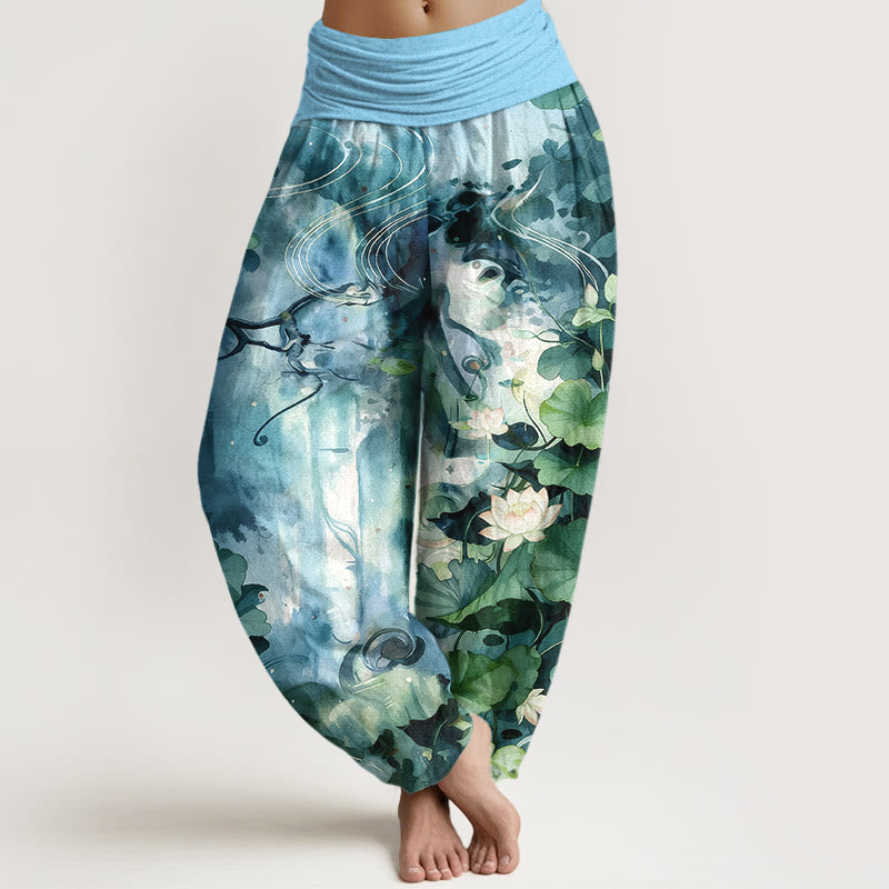 Pantalones Buddha Stones de algodón puro con estampado de hojas y flores de loto para mujer, con cintura elástica, estilo acuarela - Azul cielo claro - US16，UK/AU20，EU48 (3XL) - image 5