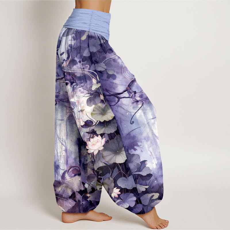 Pantalones Buddha Stones de algodón puro con estampado de hojas y flores de loto para mujer, con cintura elástica, estilo acuarela - image 10