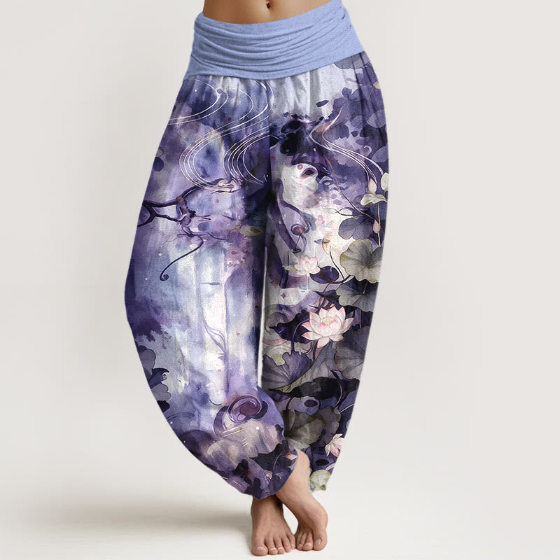 Pantalones Buddha Stones de algodón puro con estampado de hojas y flores de loto para mujer, con cintura elástica, estilo acuarela - Orquídea oscura - US16，UK/AU20，EU48 (3XL) - image 8