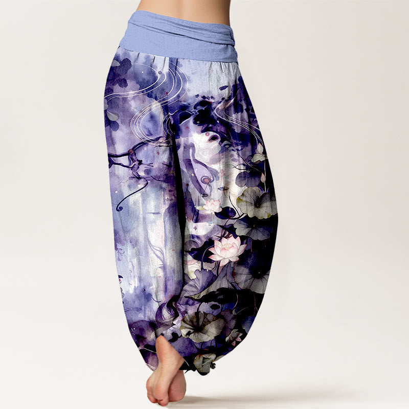 Pantalones Buddha Stones de algodón puro con estampado de hojas y flores de loto para mujer, con cintura elástica, estilo acuarela - image 9