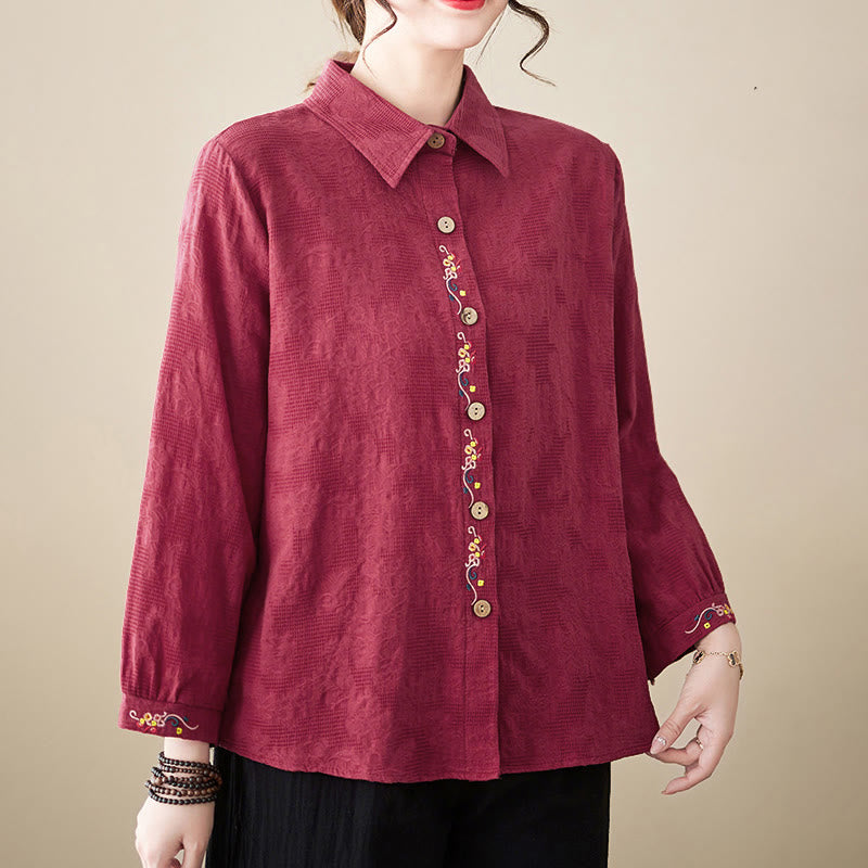 Camisa de algodón de manga larga con solapa y botones para mujer, con estampado floral bordado de Buddha Stones de primavera - image 26