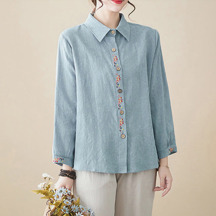 Camisa de algodón de manga larga con solapa y botones para mujer, con estampado floral bordado de Buddha Stones de primavera - image 3