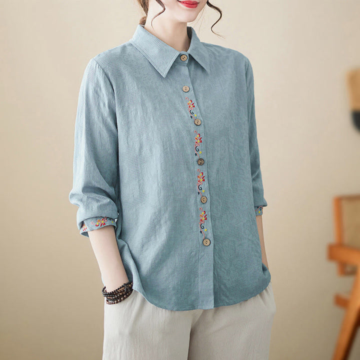Camisa de algodón de manga larga con solapa y botones para mujer, con estampado floral bordado de Buddha Stones de primavera - image 0