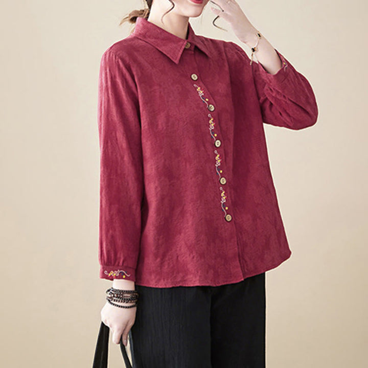 Camisa de algodón de manga larga con solapa y botones para mujer, con estampado floral bordado de Buddha Stones de primavera - image 25