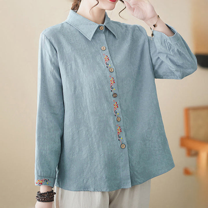 Camisa de algodón de manga larga con solapa y botones para mujer, con estampado floral bordado de Buddha Stones de primavera - image 5