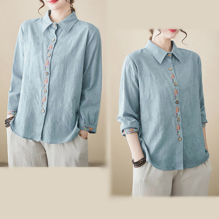 Camisa de algodón de manga larga con solapa y botones para mujer, con estampado floral bordado de Buddha Stones de primavera - image 6