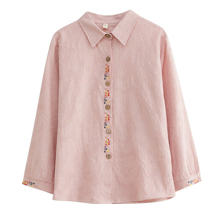 Camisa de algodón de manga larga con solapa y botones para mujer, con estampado floral bordado de Buddha Stones de primavera - image 22