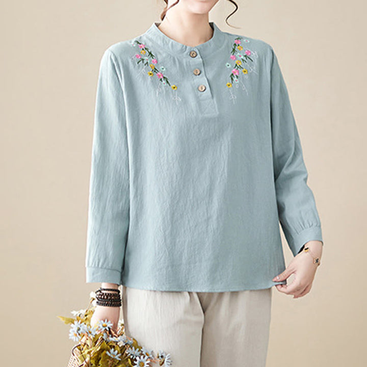 Camisa de algodón de manga larga con solapa y botones para mujer, con estampado floral bordado de Buddha Stones de primavera - image 2