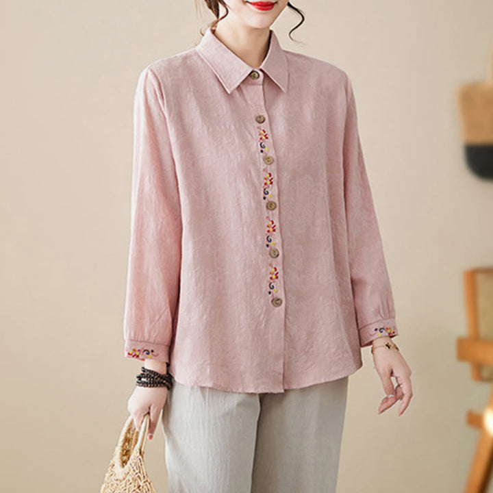 Camisa de algodón de manga larga con solapa y botones para mujer, con estampado floral bordado de Buddha Stones de primavera - image 8