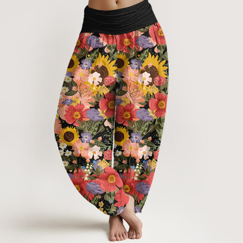 Pantalones Buddha Stones de algodón puro con estampado de girasoles y margaritas, con pequeñas flores rojas y moradas, para mujer, con cintura elástica - Negro - US16，UK/AU20，EU48 (3XL) - image 0