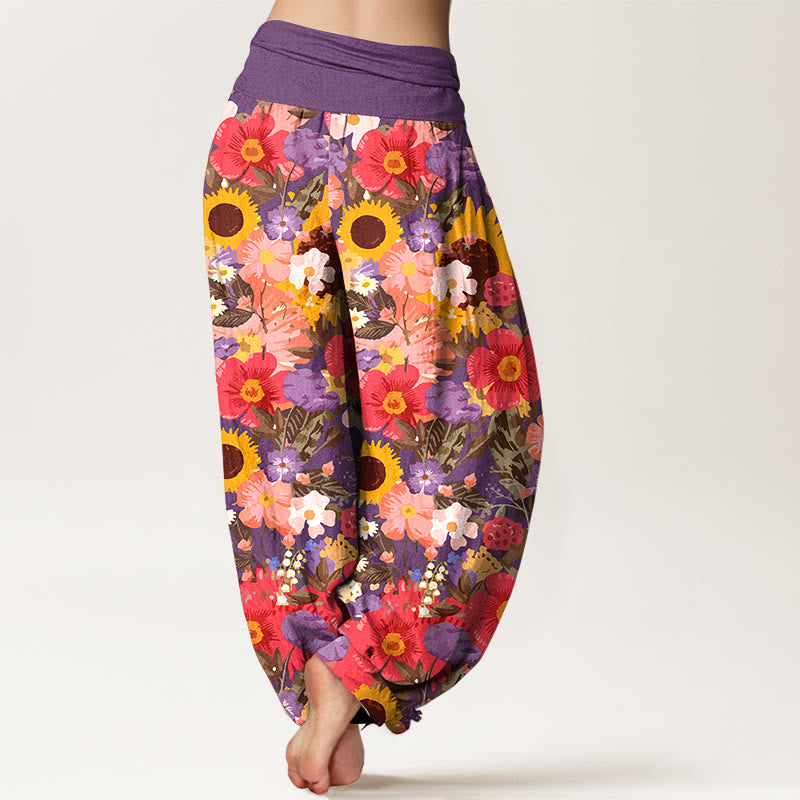 Pantalones Buddha Stones de algodón puro con estampado de girasoles y margaritas, con pequeñas flores rojas y moradas, para mujer, con cintura elástica - image 6
