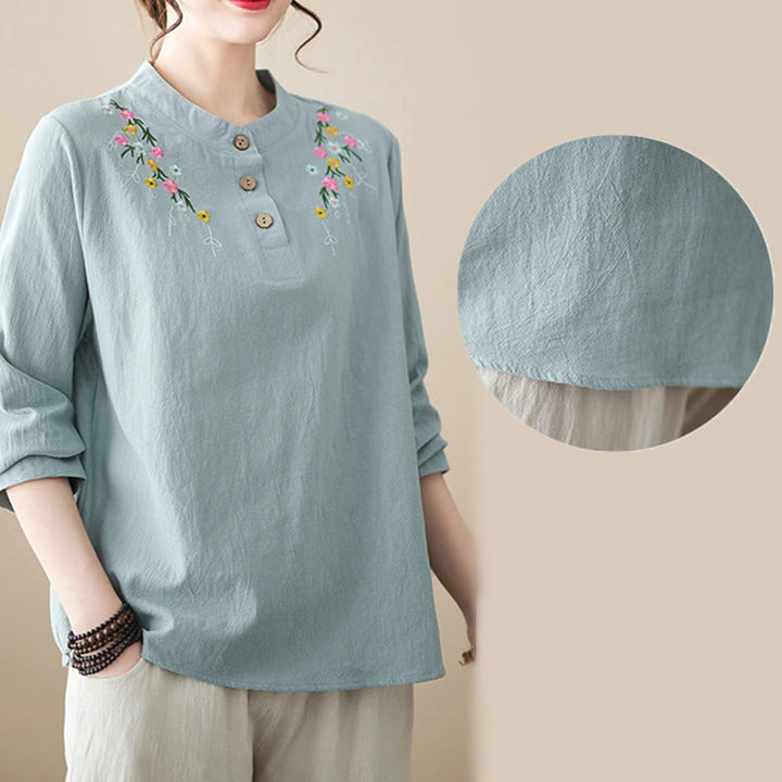 Camisa de algodón de manga larga con cuello alto y estampado floral bordado de Buddha Stones para mujer - image 19