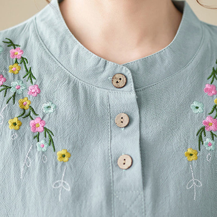 Camisa de algodón de manga larga con cuello alto y estampado floral bordado de Buddha Stones para mujer - image 11