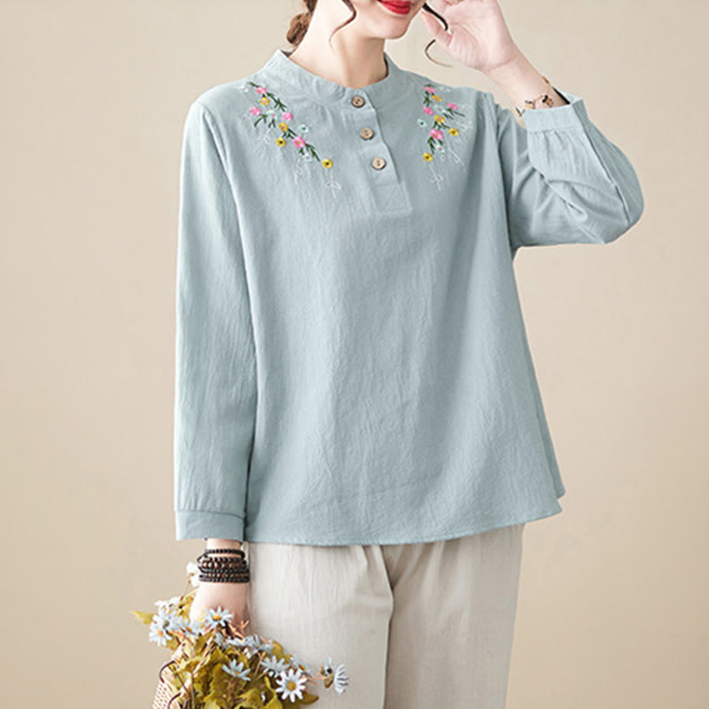 Camisa de algodón de manga larga con cuello alto y estampado floral bordado de Buddha Stones para mujer - image 8