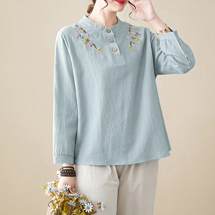 Camisa de algodón de manga larga con cuello alto y estampado floral bordado de Buddha Stones para mujer - image 8