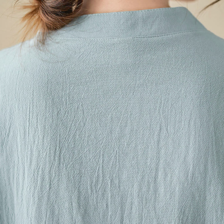 Camisa de algodón de manga larga con cuello alto y estampado floral bordado de Buddha Stones para mujer - image 12