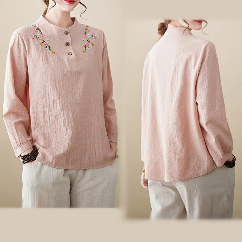 Camisa de algodón de manga larga con cuello alto y estampado floral bordado de Buddha Stones para mujer - image 3