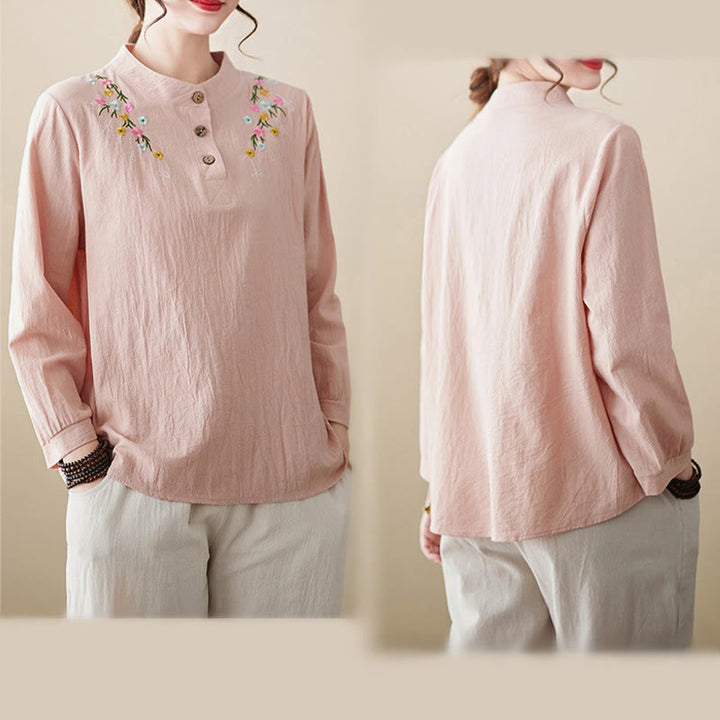 Camisa de algodón de manga larga con cuello alto y estampado floral bordado de Buddha Stones para mujer - image 3