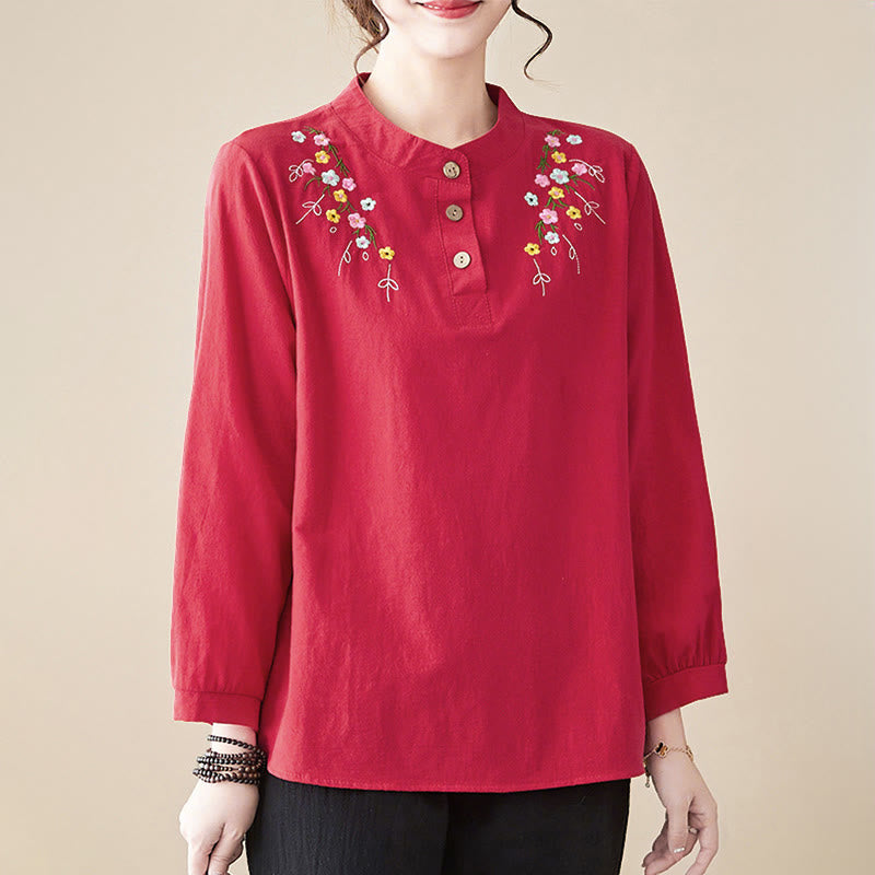 Camisa de algodón de manga larga con cuello alto y estampado floral bordado de Buddha Stones para mujer - image 22