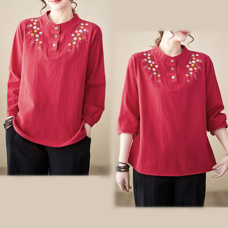 Camisa de algodón de manga larga con cuello alto y estampado floral bordado de Buddha Stones para mujer - image 24