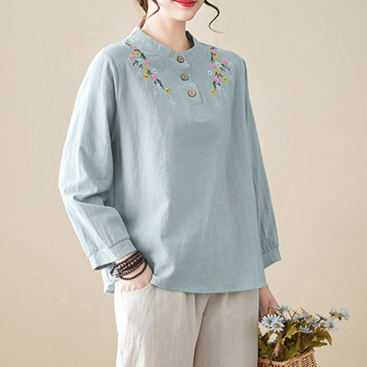 Camisa de algodón de manga larga con cuello alto y estampado floral bordado de Buddha Stones para mujer - image 6