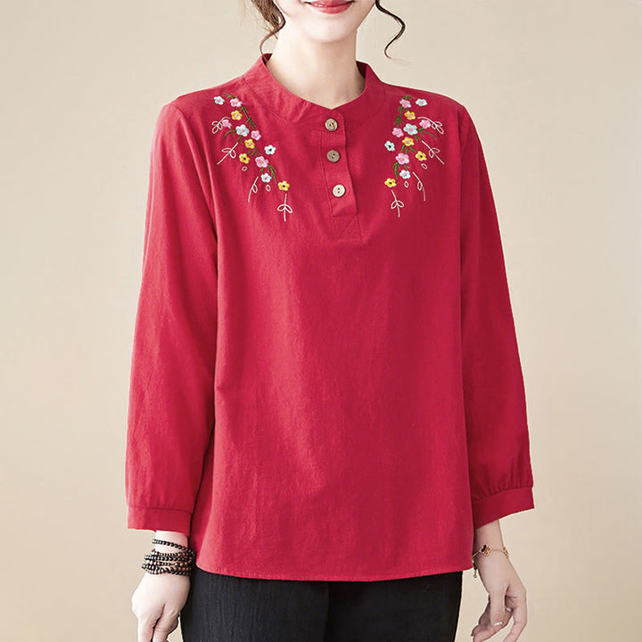 Camisa de algodón de manga larga con cuello alto y estampado floral bordado de Buddha Stones para mujer - image 22