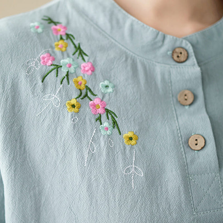 Camisa de algodón de manga larga con cuello alto y estampado floral bordado de Buddha Stones para mujer - image 13
