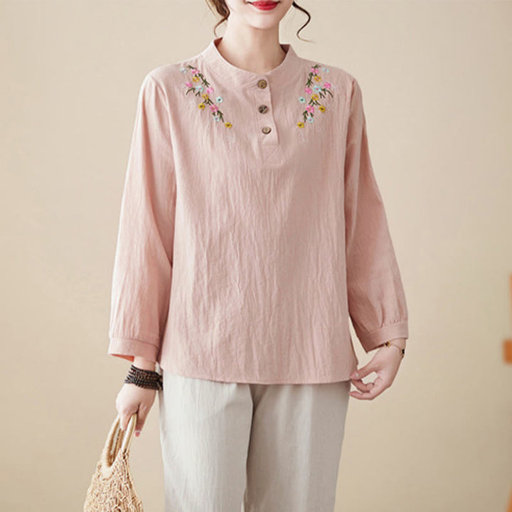 Camisa de algodón de manga larga con cuello alto y estampado floral bordado de Buddha Stones para mujer - Rosa claro - US12, UK/AU16, EU44 (3XL) - image 1