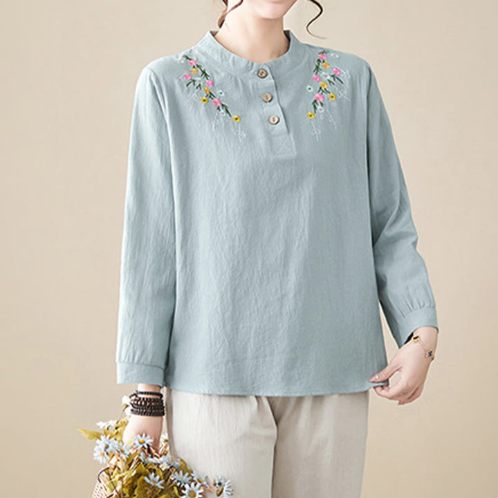 Camisa de algodón de manga larga con cuello alto y estampado floral bordado de Buddha Stones para mujer - image 9