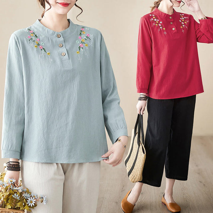 Camisa de algodón de manga larga con cuello alto y estampado floral bordado de Buddha Stones para mujer - image 26