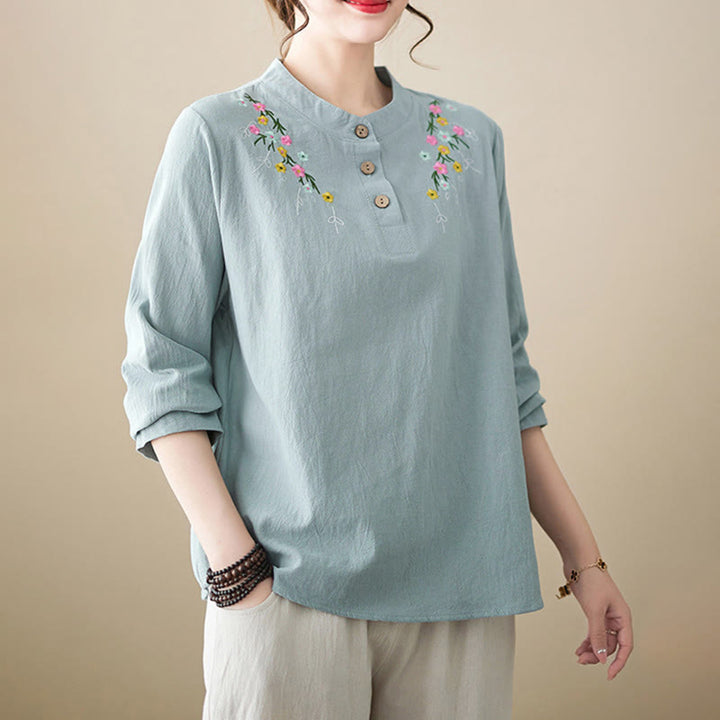 Camisa de algodón de manga larga con cuello alto y estampado floral bordado de Buddha Stones para mujer - image 10