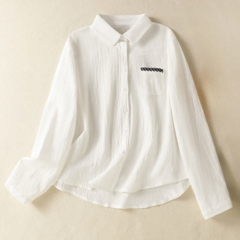 Camisa de algodón de manga larga con diseño bordado simple, retro, liso y con bolsillo para mujer de Buddha Stones , primavera - Blanco - US8-10，UK/AU12-14，EU40-42 (2XL) - image 8