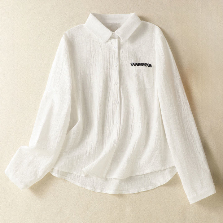 Camisa de algodón de manga larga con diseño bordado simple, retro, liso y con bolsillo para mujer de Buddha Stones , primavera - Blanco - US8-10，UK/AU12-14，EU40-42 (2XL) - image 8