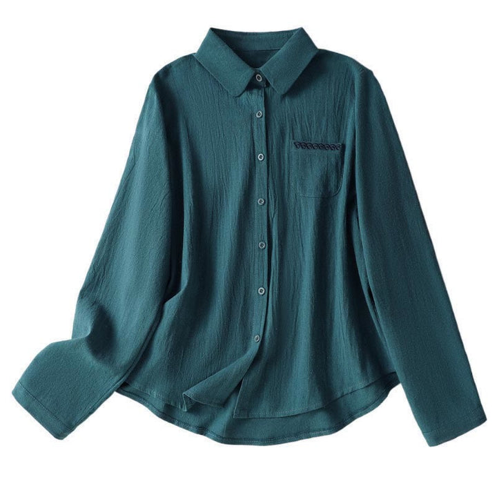 Camisa de algodón de manga larga con diseño bordado simple, retro, liso y con bolsillo para mujer de Buddha Stones , primavera - image 25
