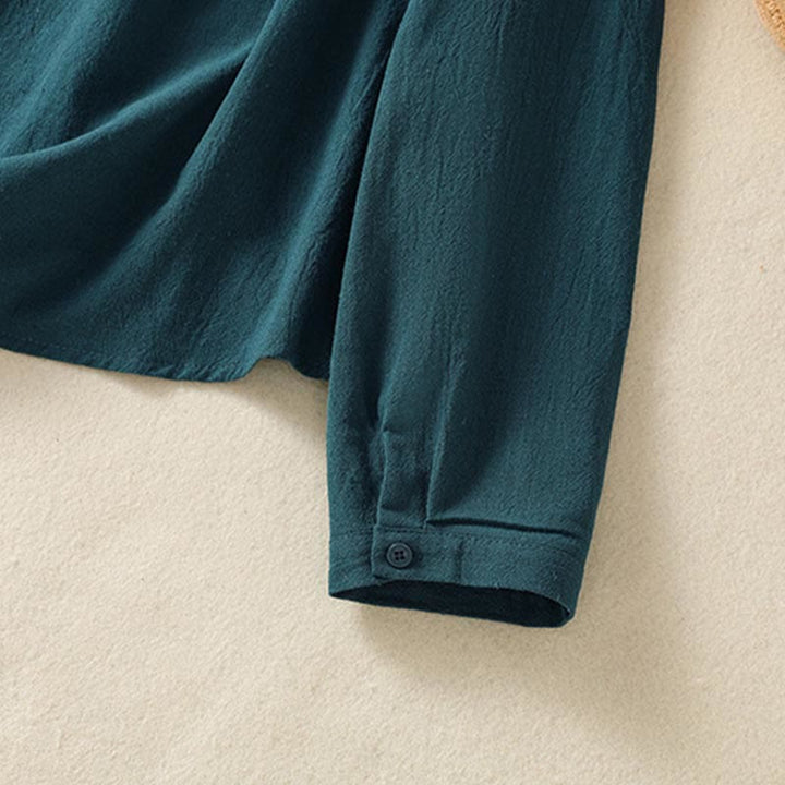 Camisa de algodón de manga larga con diseño bordado simple, retro, liso y con bolsillo para mujer de Buddha Stones , primavera - image 23