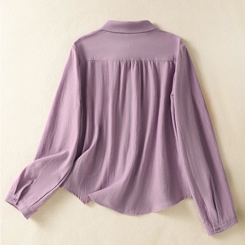 Camisa de algodón de manga larga con diseño bordado simple, retro, liso y con bolsillo para mujer de Buddha Stones , primavera - image 1