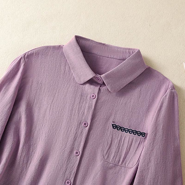 Camisa de algodón de manga larga con diseño bordado simple, retro, liso y con bolsillo para mujer de Buddha Stones , primavera - image 2