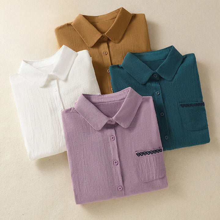 Camisa de algodón de manga larga con diseño bordado simple, retro, liso y con bolsillo para mujer de Buddha Stones , primavera - image 33