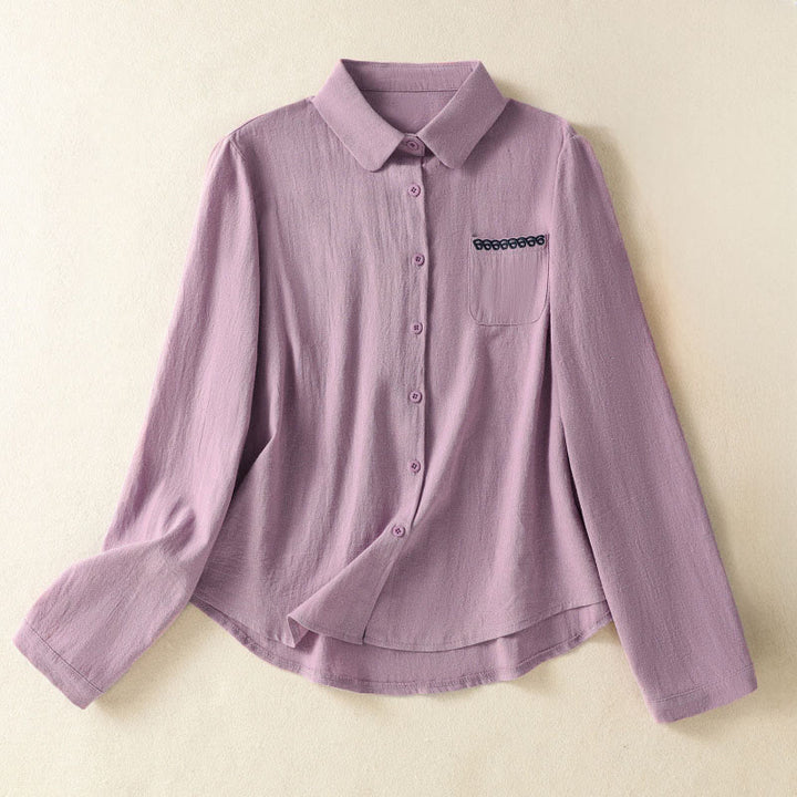 Camisa de algodón de manga larga con diseño bordado simple, retro, liso y con bolsillo para mujer de Buddha Stones , primavera - Ciruela - US8-10，UK/AU12-14，EU40-42 (2XL) - image 0