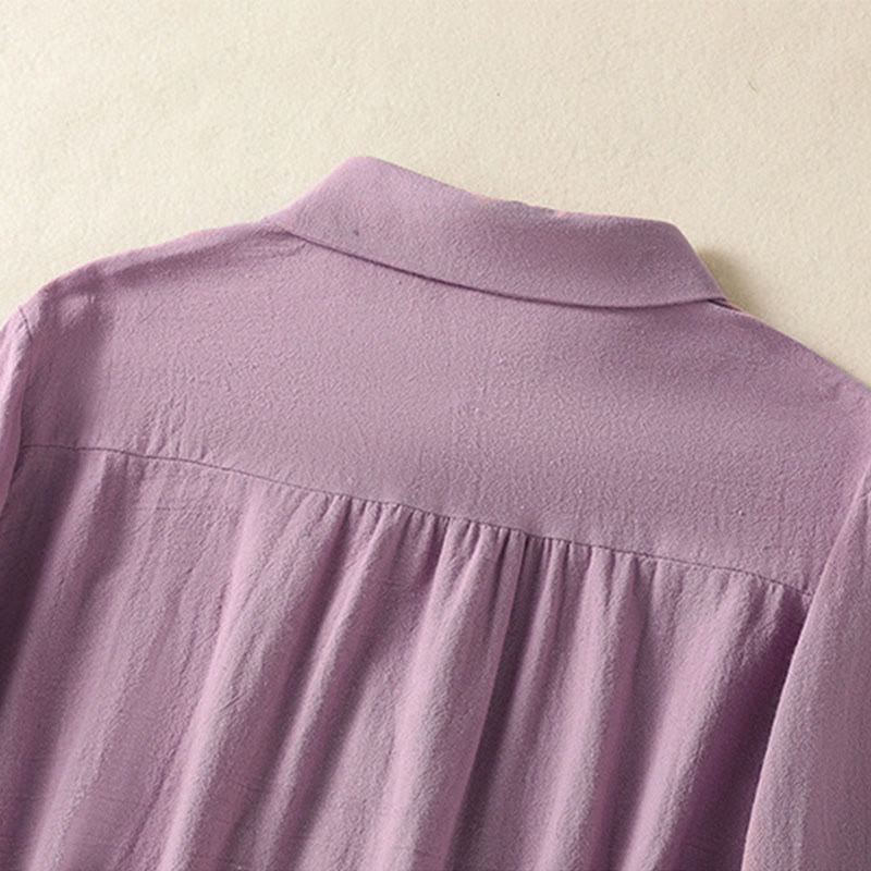 Camisa de algodón de manga larga con diseño bordado simple, retro, liso y con bolsillo para mujer de Buddha Stones , primavera - image 3