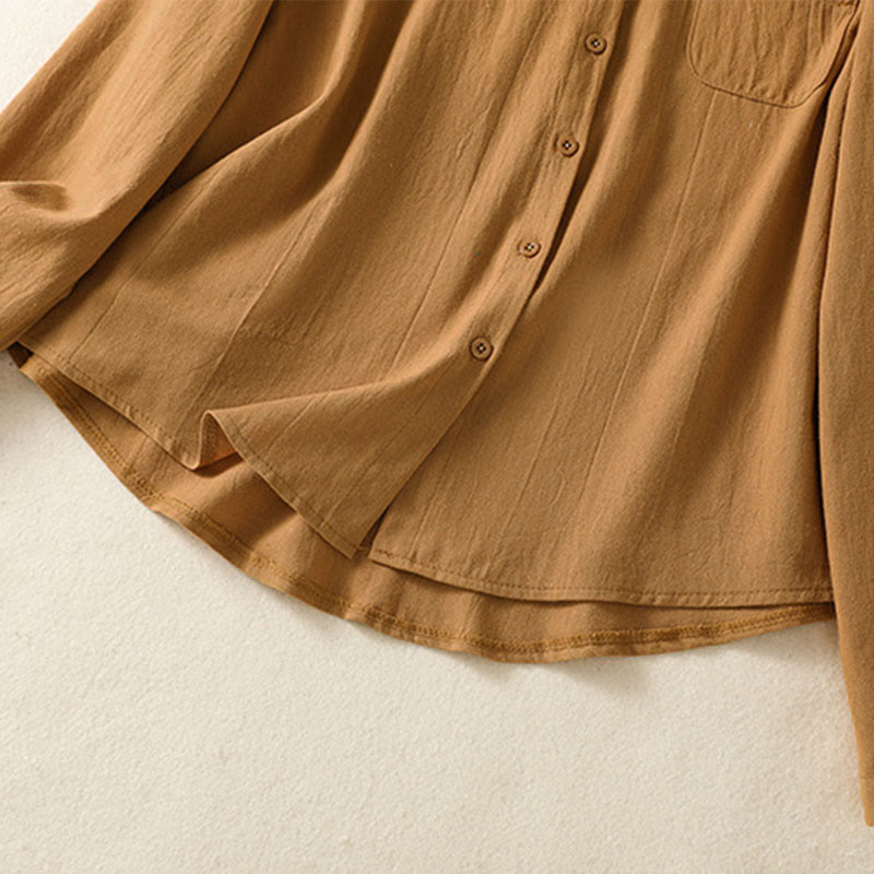 Camisa de algodón de manga larga con diseño bordado simple, retro, liso y con bolsillo para mujer de Buddha Stones , primavera - image 31