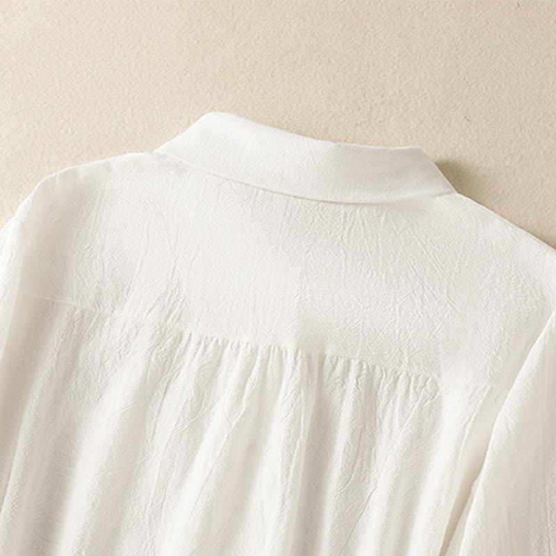 Camisa de algodón de manga larga con diseño bordado simple, retro, liso y con bolsillo para mujer de Buddha Stones , primavera - image 11