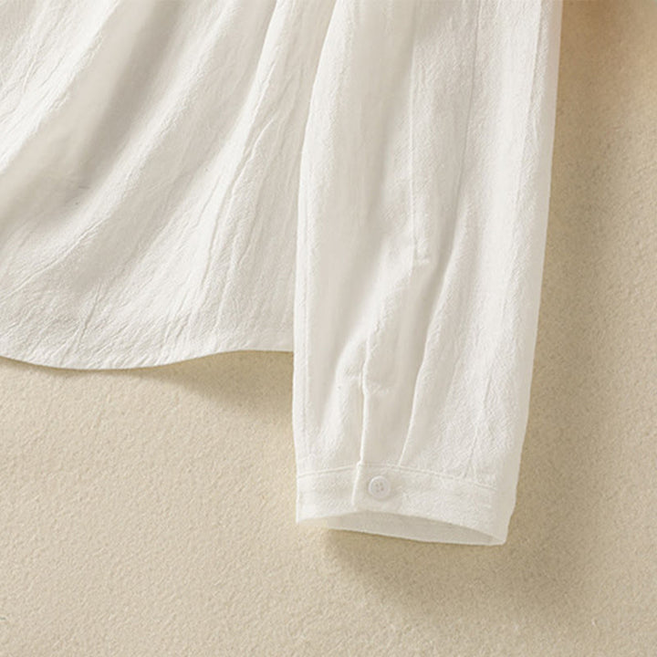 Camisa de algodón de manga larga con diseño bordado simple, retro, liso y con bolsillo para mujer de Buddha Stones , primavera - image 16