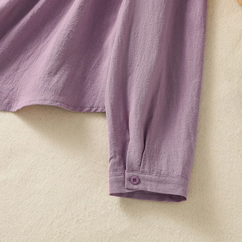 Camisa de algodón de manga larga con diseño bordado simple, retro, liso y con bolsillo para mujer de Buddha Stones , primavera - image 6