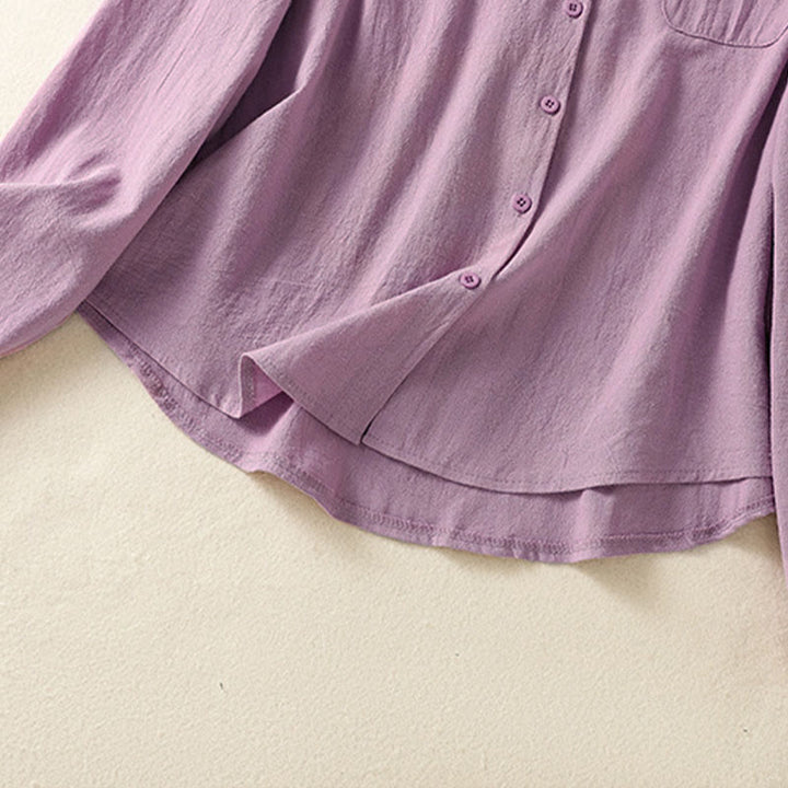 Camisa de algodón de manga larga con diseño bordado simple, retro, liso y con bolsillo para mujer de Buddha Stones , primavera - image 7