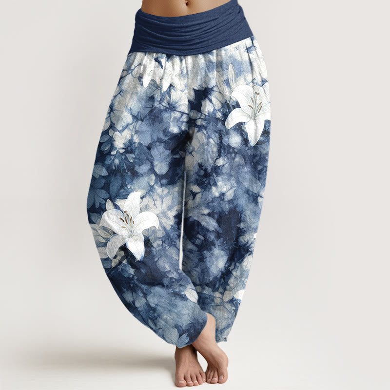 Pantalones harén de algodón puro con estampado de lirios y acuarela de Buddha Stones para mujer con cintura elástica - Azul medianoche - US16，UK/AU20，EU48 (3XL) - image 0