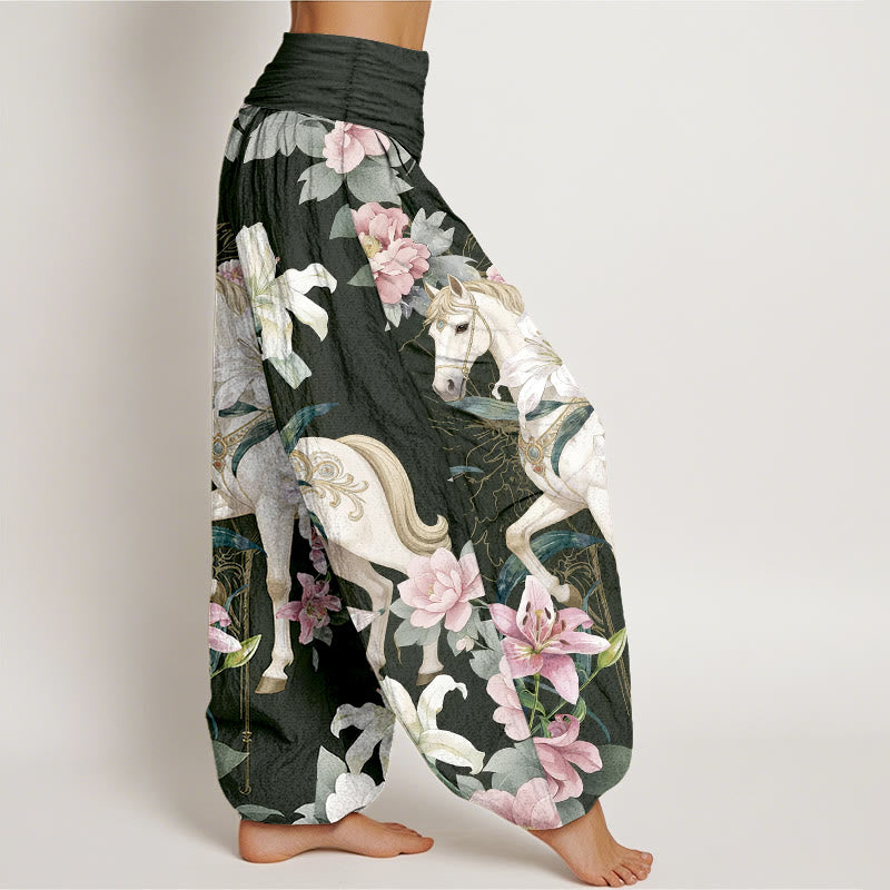 Pantalones Buddha Stones de algodón puro con estampado romántico de caballo, lirio y peonía para mujer, con cintura elástica - image 10